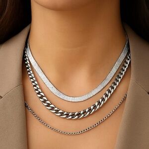Sterling-Effect Layered Silver Necklace Set for Women